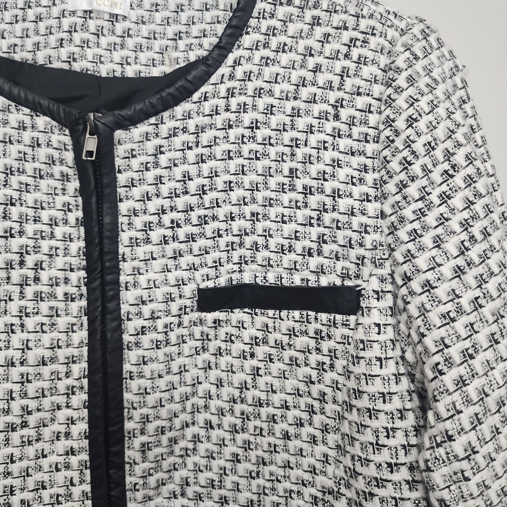 Ecru Tweed‎ Zip Front Jacket Black Cream Faux Leather Trim Size L Professional - Picture 4 of 9